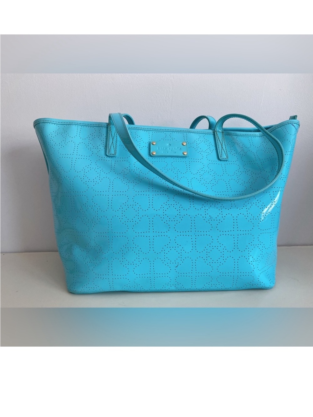 Kate Spade New York Perforated Patent Leather Tote Bag Aqua Blue
